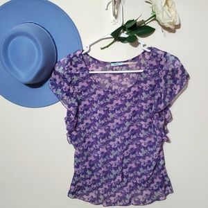 Urban Outfitters | Kimchi Blue sheer floral flowy ruffle scoopneck top size xs